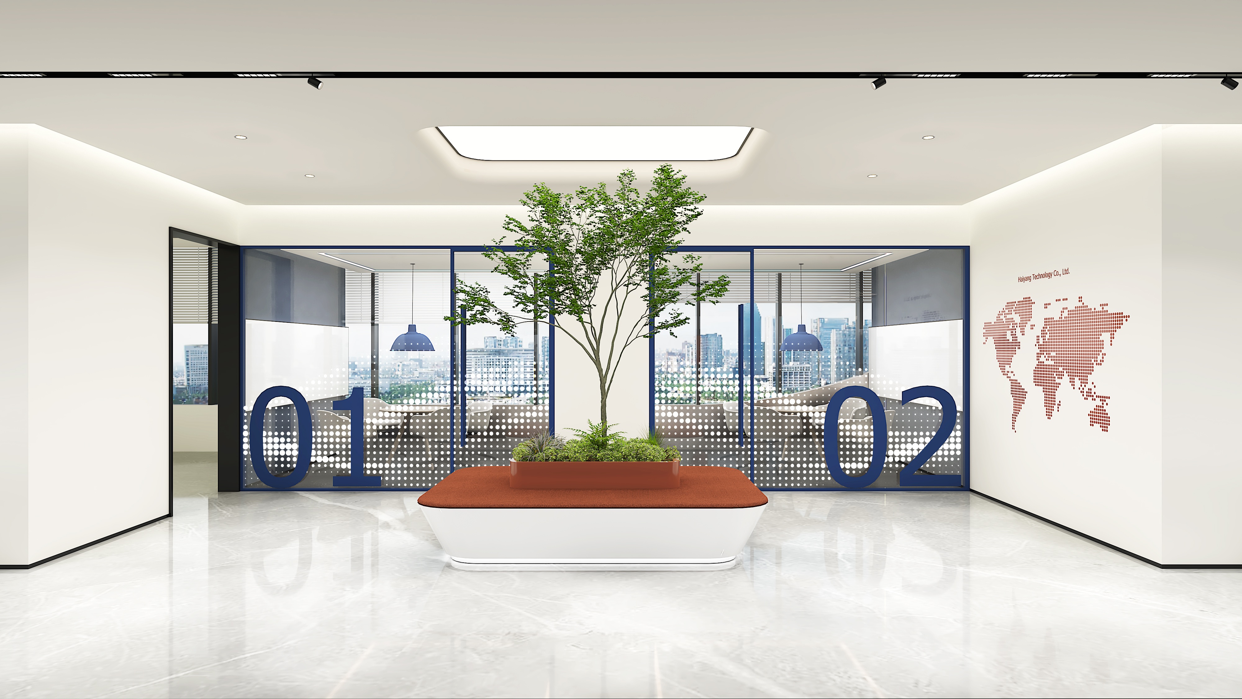 二层办公与协作区采用生态亲和设计，绿色吸音板兼顾声学与视觉焦点，模块化沙发促进交流。洽谈区以渐变玻璃贴膜、世界地图彰显全球化视野，绿植呼应自然元素，营造有机办公环境。