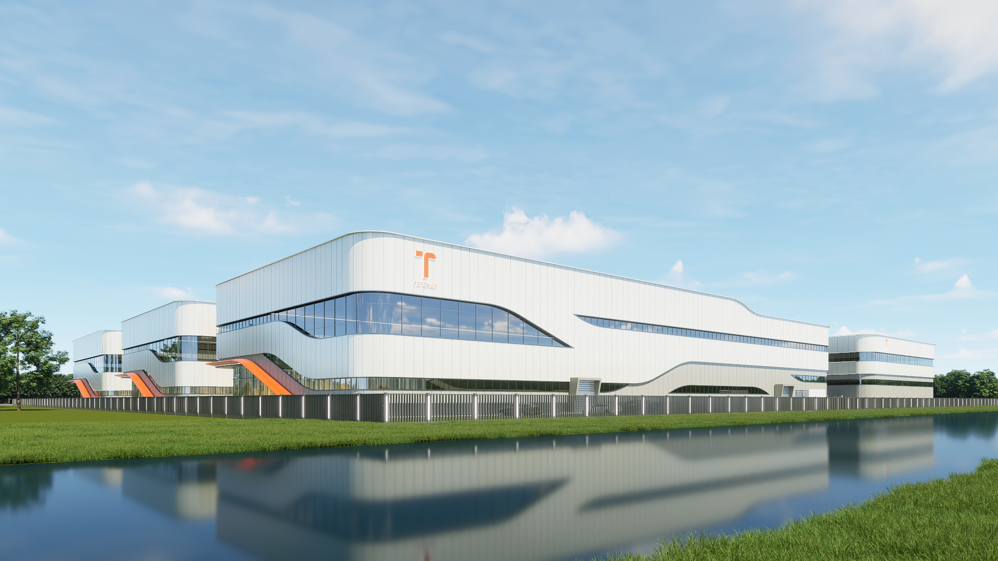 厂房立面采用流畅的曲线造型，打破传统工业建筑的刻板印象，展现出科技感与未来感。