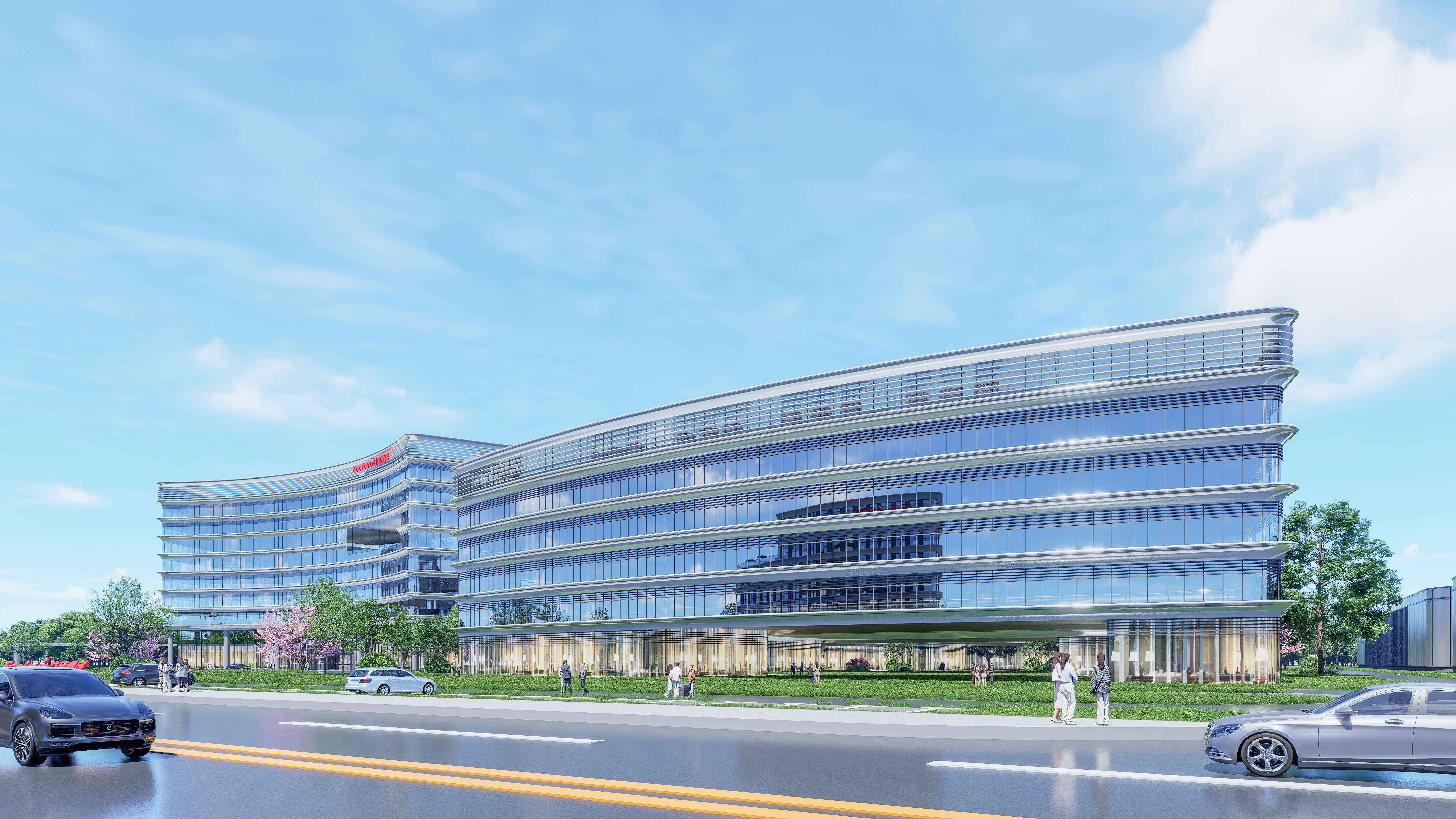 玻璃幕墙与开阔水景彼此映衬，使科研办公氛围更轻盈，也让整体产业园区设计显得开放、现代。某种意义上，这已超出传统食品工厂设计或食品加工厂设计规划的范畴，更接近一座总部型生态社区。